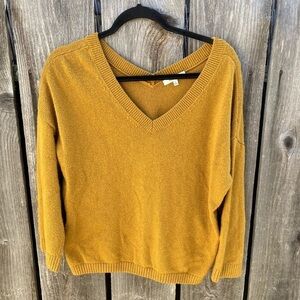 Women's Madewell Yellow Tight-Knit 3/4 Sweater S V-Neck Cotton Breath Heavy
